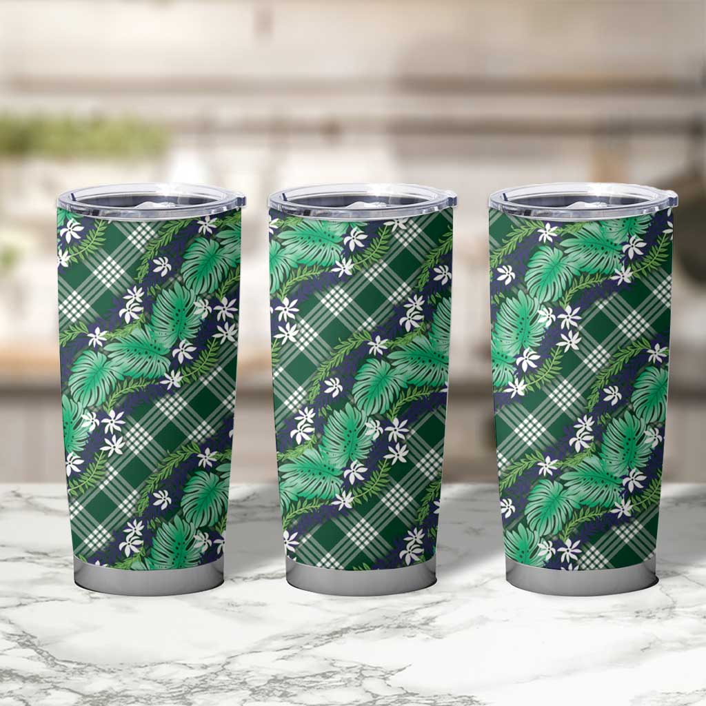 Polynesian Monstera Tiare Floral Tumbler Cup Forest Green Tropical Plaid - Polynesian Pride