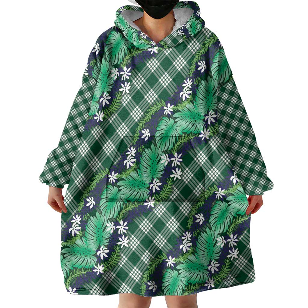 Polynesian Monstera Tiare Floral Wearable Blanket Hoodie Forest Green Tropical Plaid LT01 - Polynesian Pride
