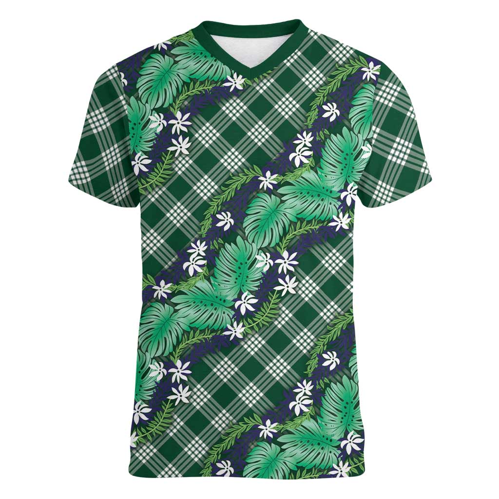 Polynesian Monstera Tiare Floral Women V-Neck T-Shirt Forest Green Tropical Plaid LT01 Female Green - Polynesian Pride