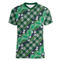 Polynesian Monstera Tiare Floral Women V-Neck T-Shirt Forest Green Tropical Plaid LT01 Female Green - Polynesian Pride