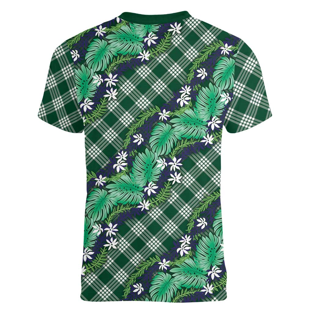 Polynesian Monstera Tiare Floral Women V-Neck T-Shirt Forest Green Tropical Plaid LT01 - Polynesian Pride