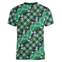 Polynesian Monstera Tiare Floral Women V-Neck T-Shirt Forest Green Tropical Plaid LT01 - Polynesian Pride