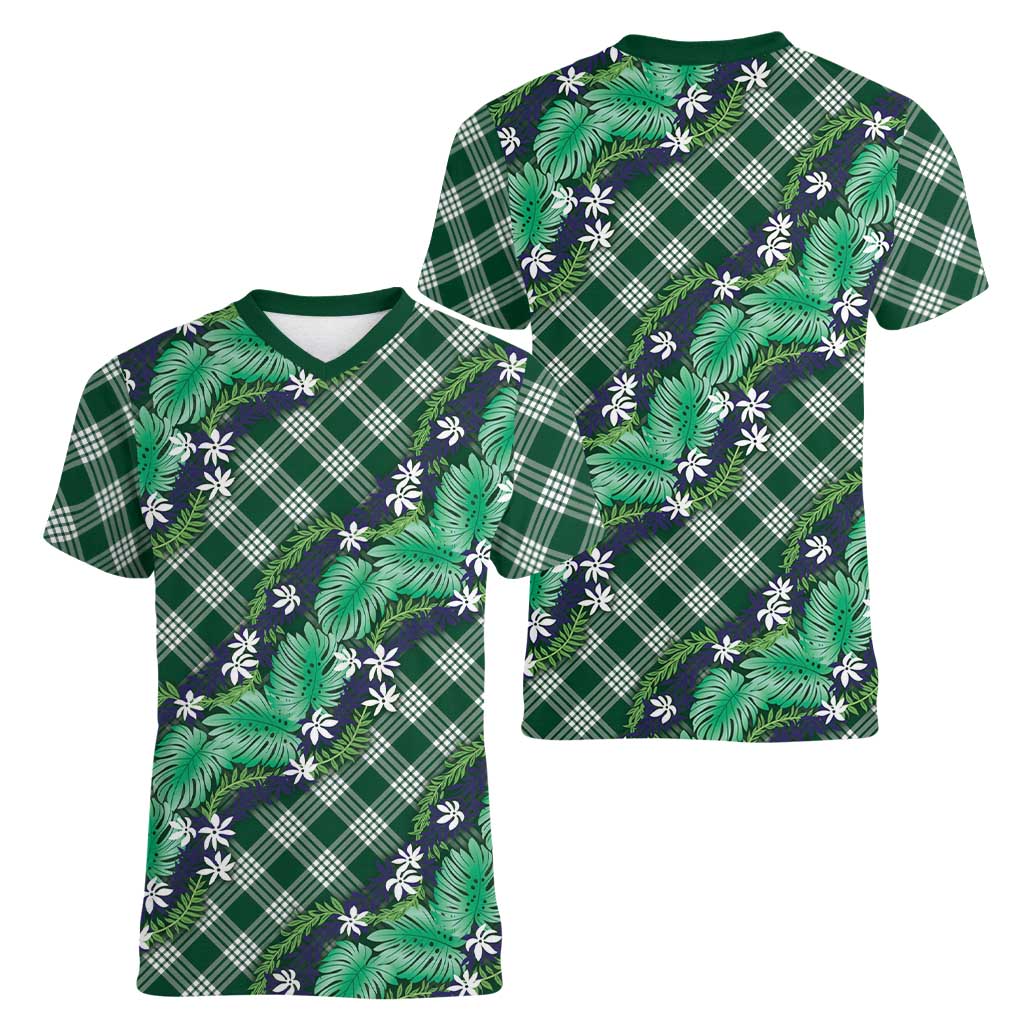 Polynesian Monstera Tiare Floral Women V-Neck T-Shirt Forest Green Tropical Plaid LT01 - Polynesian Pride