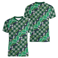 Polynesian Monstera Tiare Floral Women V-Neck T-Shirt Forest Green Tropical Plaid LT01 - Polynesian Pride