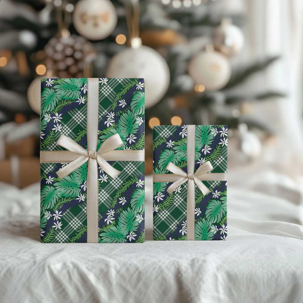Polynesian Monstera Tiare Floral Wrapping Paper Forest Green Tropical Plaid - Polynesian Pride