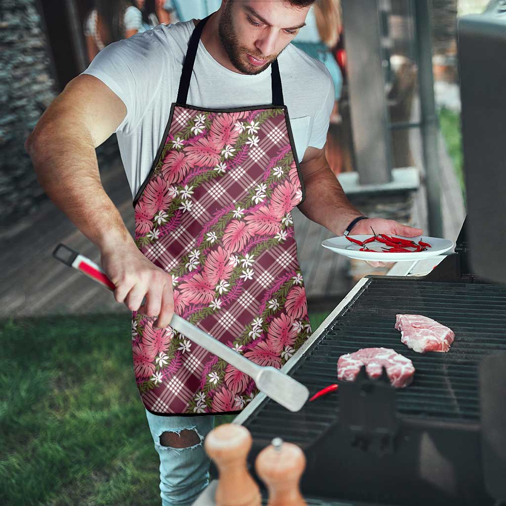 Polynesian Monstera Tiare Floral Apron Fuchsia Tropical Plaid - Polynesian Pride