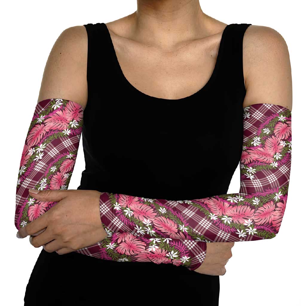 Polynesian Monstera Tiare Floral Arm Sleeves Fuchsia Tropical Plaid LT01 - Polynesian Pride