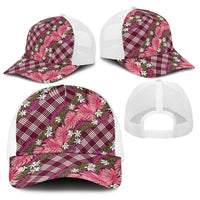 Polynesian Monstera Tiare Floral Baseball Net Cap Fuchsia Tropical Plaid - Polynesian Pride