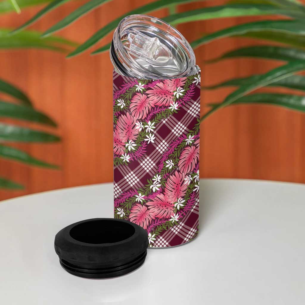 Polynesian Monstera Tiare Floral 4 in 1 Can Cooler Tumbler Fuchsia Tropical Plaid LT01 - Polynesian Pride