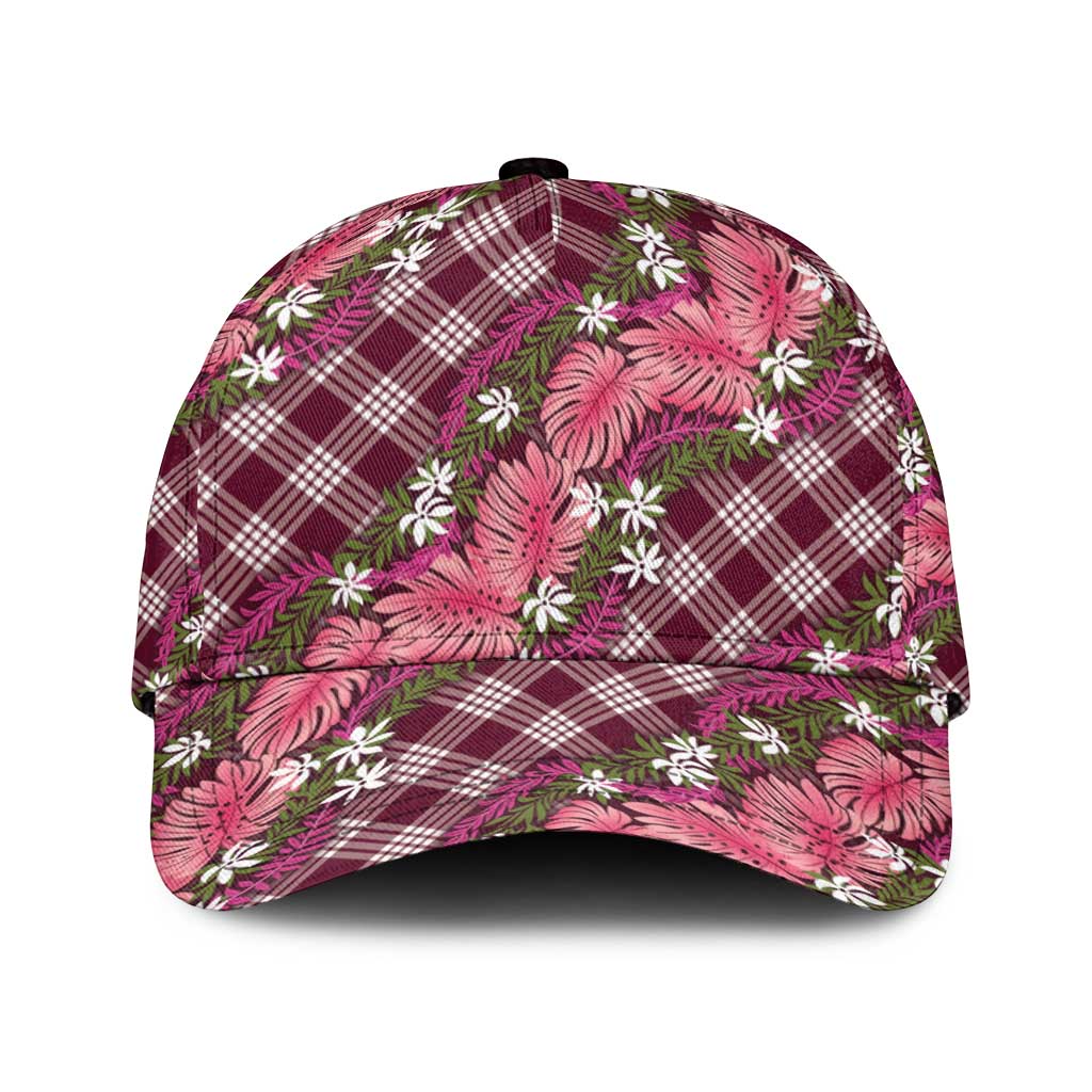 Polynesian Monstera Tiare Floral Classic Cap Fuchsia Tropical Plaid - Polynesian Pride