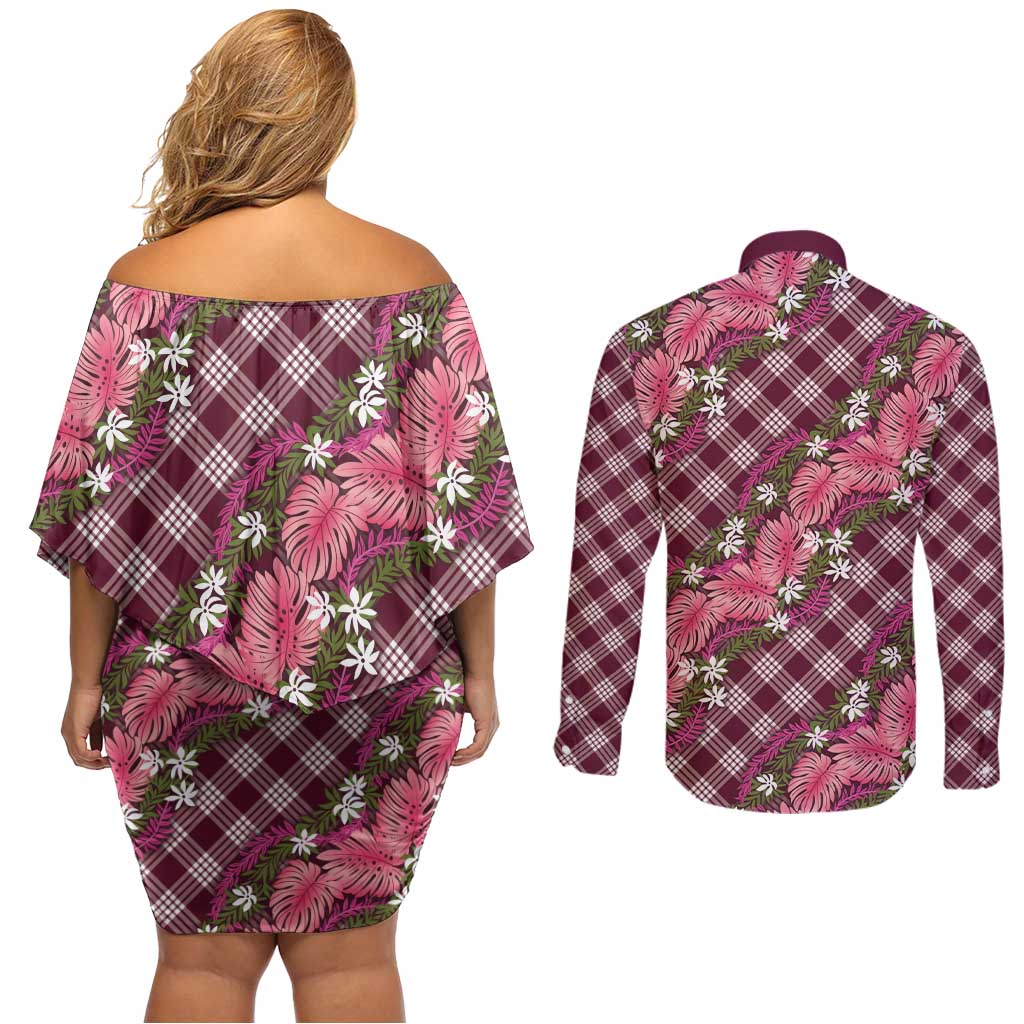 Polynesian Monstera Tiare Floral Couples Matching Off Shoulder Short Dress and Long Sleeve Button Shirt Fuchsia Tropical Plaid LT01 - Polynesian Pride