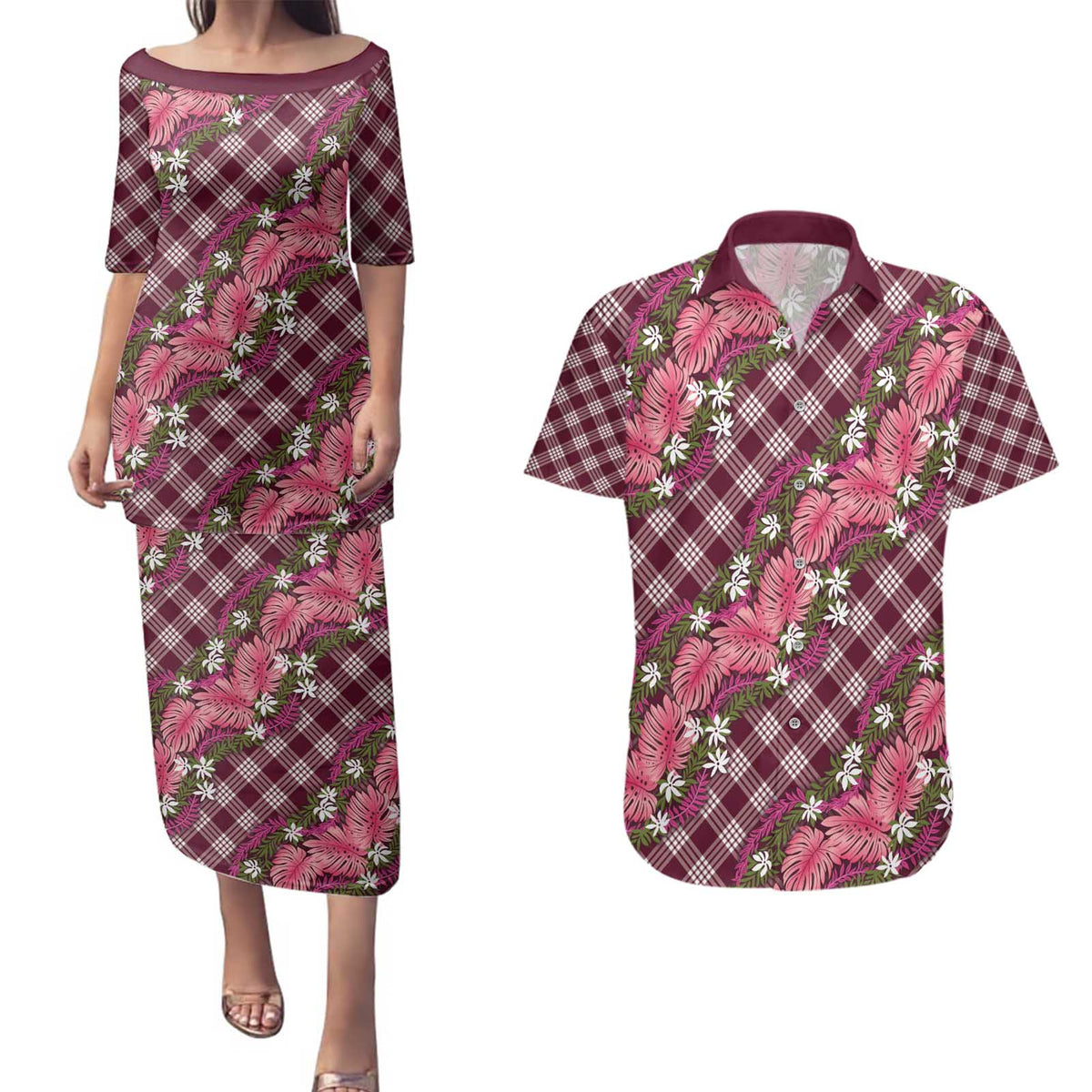 Polynesian Monstera Tiare Floral Couples Matching Puletasi and Hawaiian Shirt Fuchsia Tropical Plaid - Polynesian Pride
