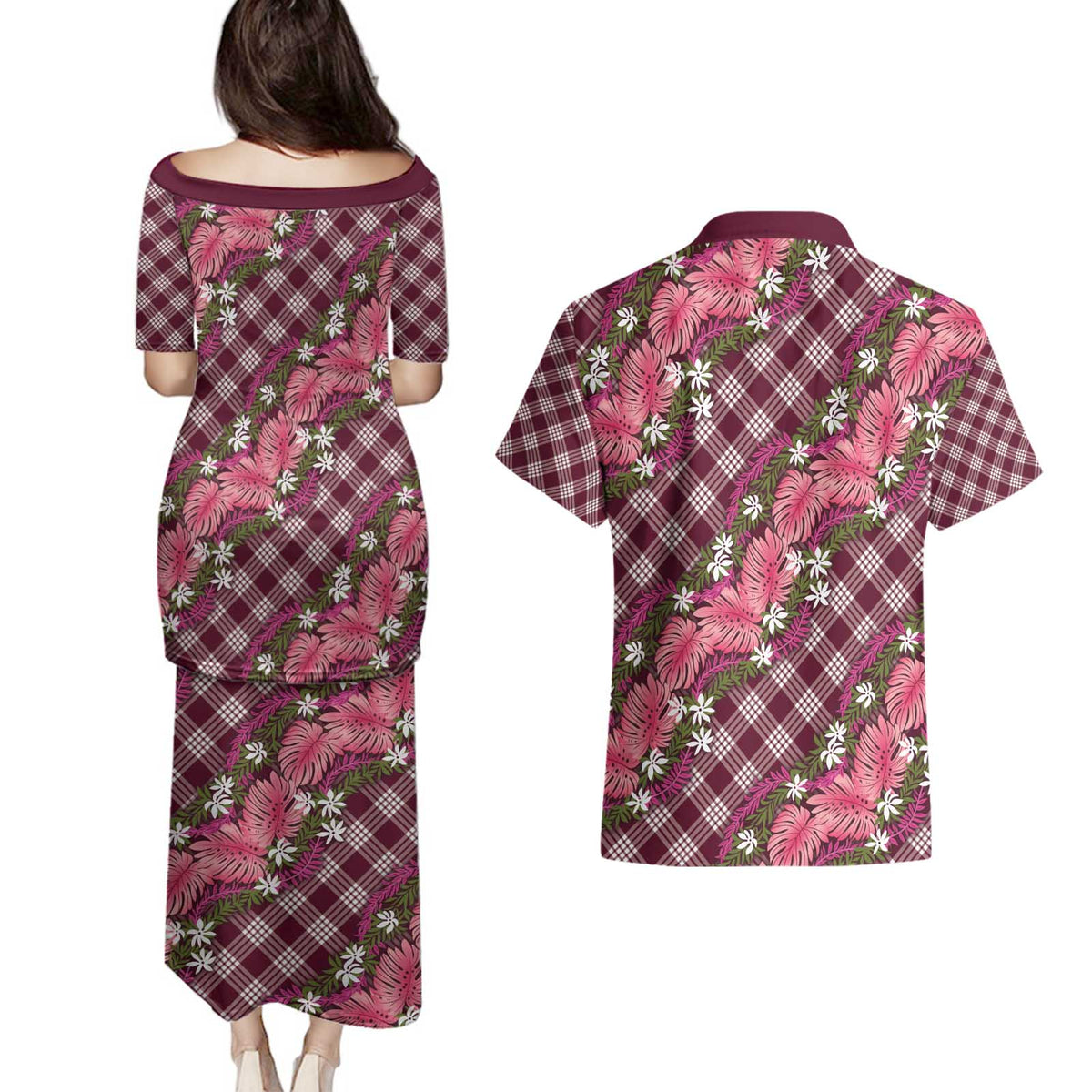 Polynesian Monstera Tiare Floral Couples Matching Puletasi and Hawaiian Shirt Fuchsia Tropical Plaid - Polynesian Pride