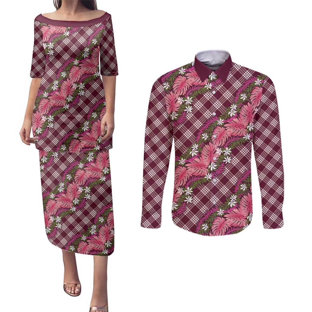 Polynesian Monstera Tiare Floral Couples Matching Puletasi and Long Sleeve Button Shirt Fuchsia Tropical Plaid LT01 Pink - Polynesian Pride