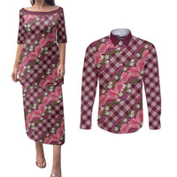 Polynesian Monstera Tiare Floral Couples Matching Puletasi and Long Sleeve Button Shirt Fuchsia Tropical Plaid LT01 Pink - Polynesian Pride
