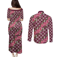 Polynesian Monstera Tiare Floral Couples Matching Puletasi and Long Sleeve Button Shirt Fuchsia Tropical Plaid LT01 - Polynesian Pride