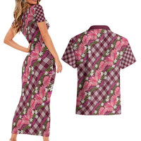 Polynesian Monstera Tiare Floral Couples Matching Short Sleeve Bodycon Dress and Hawaiian Shirt Fuchsia Tropical Plaid - Polynesian Pride