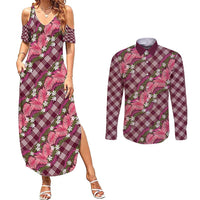 Polynesian Monstera Tiare Floral Couples Matching Summer Maxi Dress and Long Sleeve Button Shirt Fuchsia Tropical Plaid LT01 Pink - Polynesian Pride