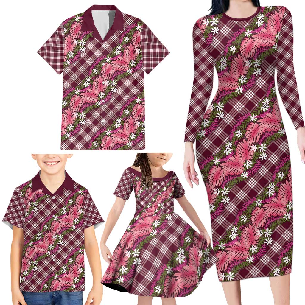 Polynesian Monstera Tiare Floral Family Matching Long Sleeve Bodycon Dress and Hawaiian Shirt Fuchsia Tropical Plaid - Polynesian Pride