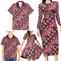 Polynesian Monstera Tiare Floral Family Matching Long Sleeve Bodycon Dress and Hawaiian Shirt Fuchsia Tropical Plaid - Polynesian Pride