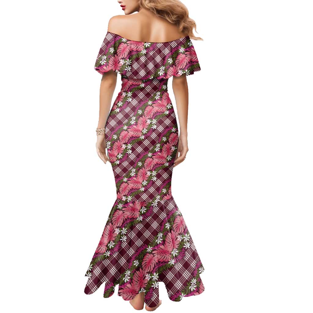 Polynesian Monstera Tiare Floral Family Matching Mermaid Dress and Hawaiian Shirt Fuchsia Tropical Plaid - Polynesian Pride