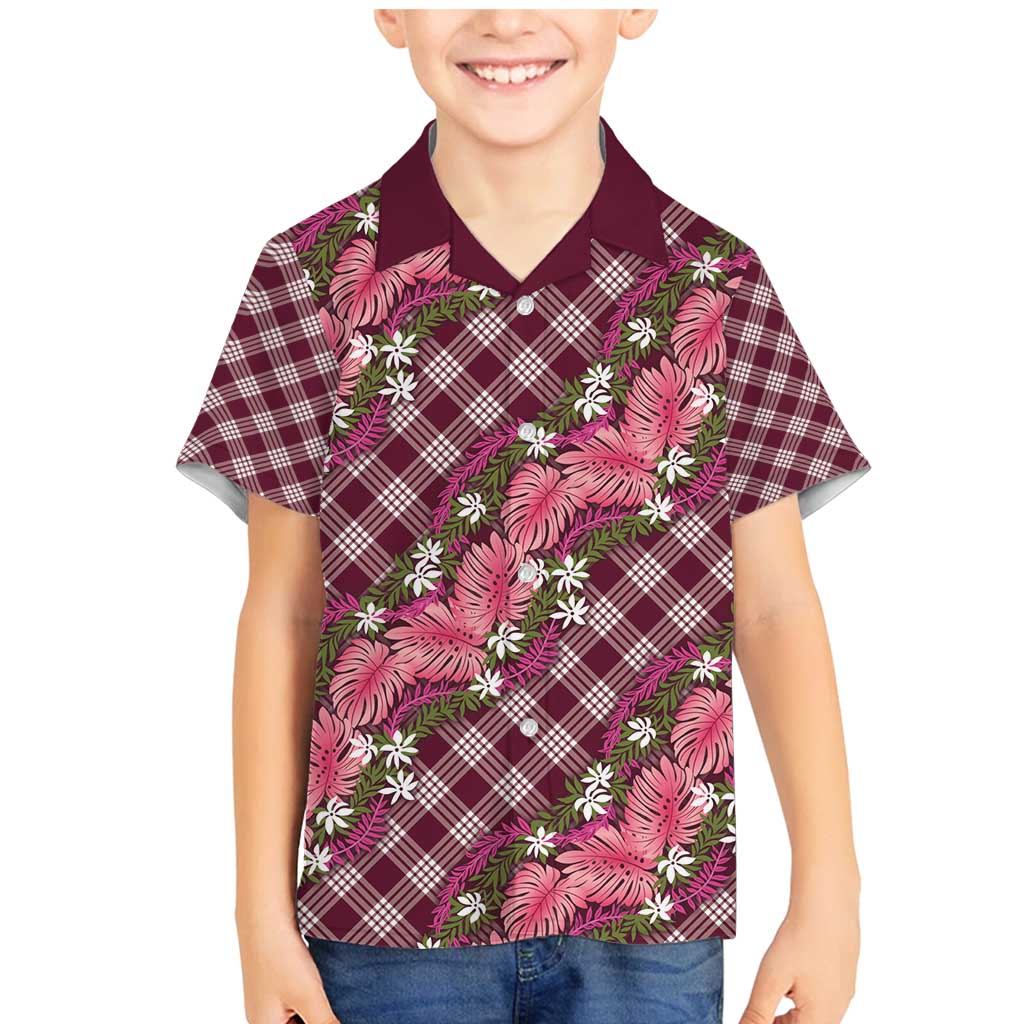 Polynesian Monstera Tiare Floral Family Matching Mermaid Dress and Hawaiian Shirt Fuchsia Tropical Plaid - Polynesian Pride