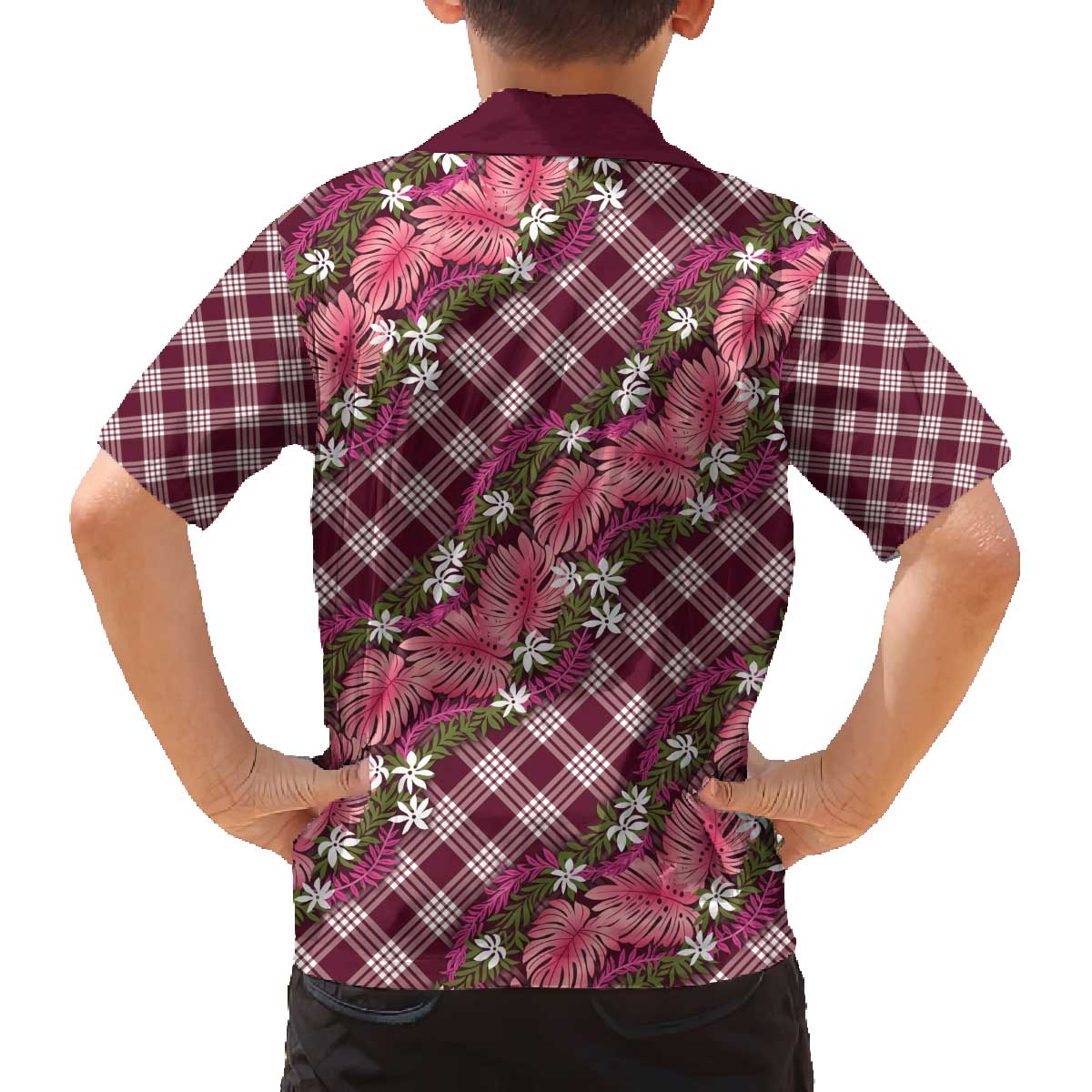 Polynesian Monstera Tiare Floral Family Matching Off The Shoulder Long Sleeve Dress and Hawaiian Shirt Fuchsia Tropical Plaid - Polynesian Pride
