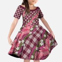 Polynesian Monstera Tiare Floral Family Matching Off The Shoulder Long Sleeve Dress and Hawaiian Shirt Fuchsia Tropical Plaid - Polynesian Pride