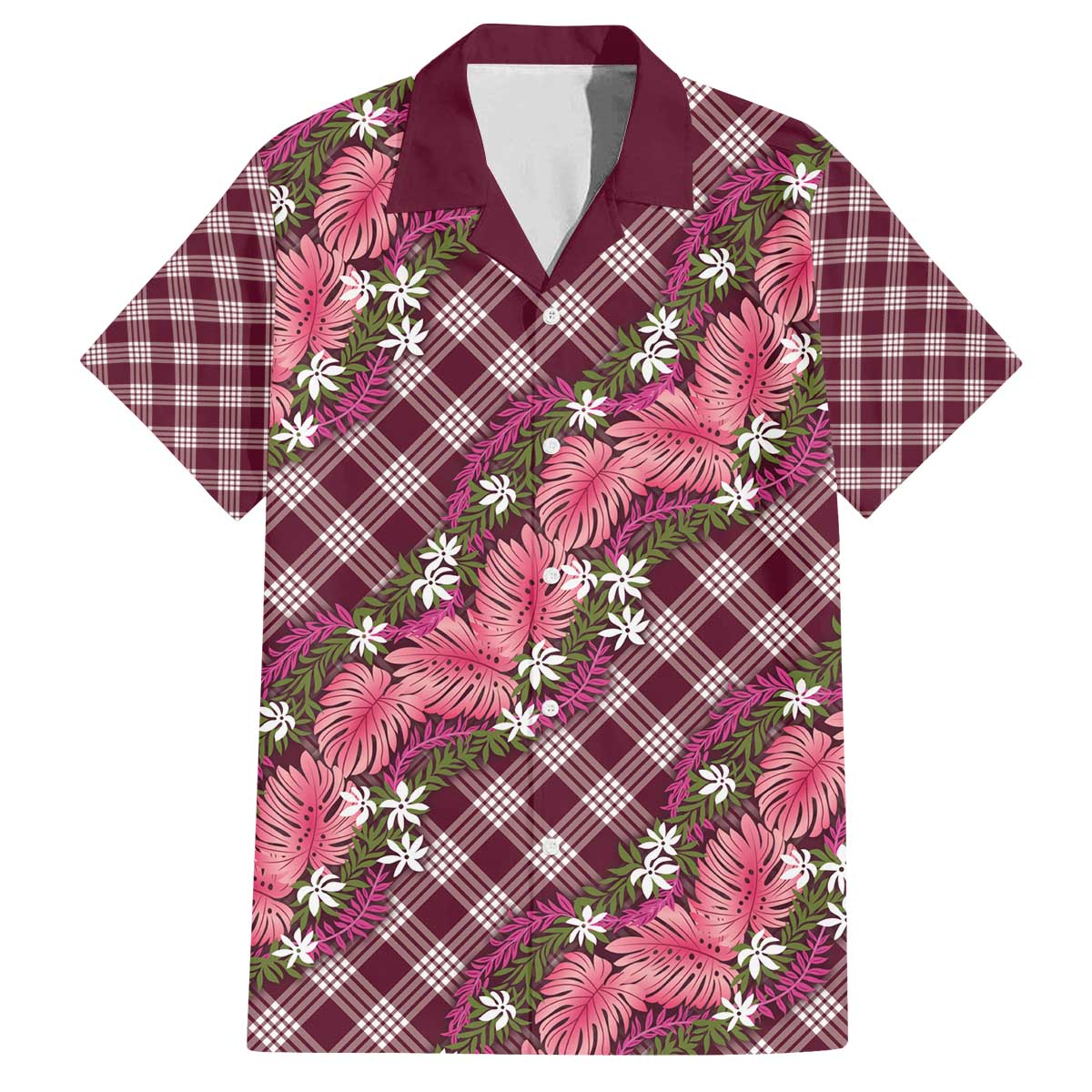 Polynesian Monstera Tiare Floral Family Matching Off The Shoulder Long Sleeve Dress and Hawaiian Shirt Fuchsia Tropical Plaid - Polynesian Pride