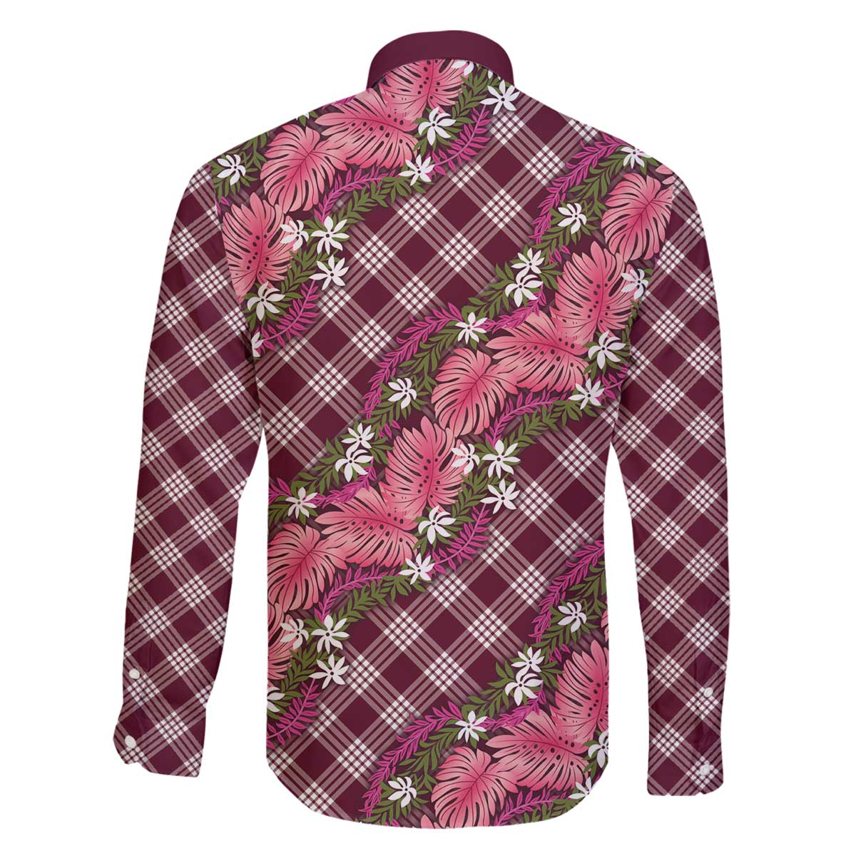 Polynesian Monstera Tiare Floral Family Matching Off The Shoulder Long Sleeve Dress and Hawaiian Shirt Fuchsia Tropical Plaid - Polynesian Pride