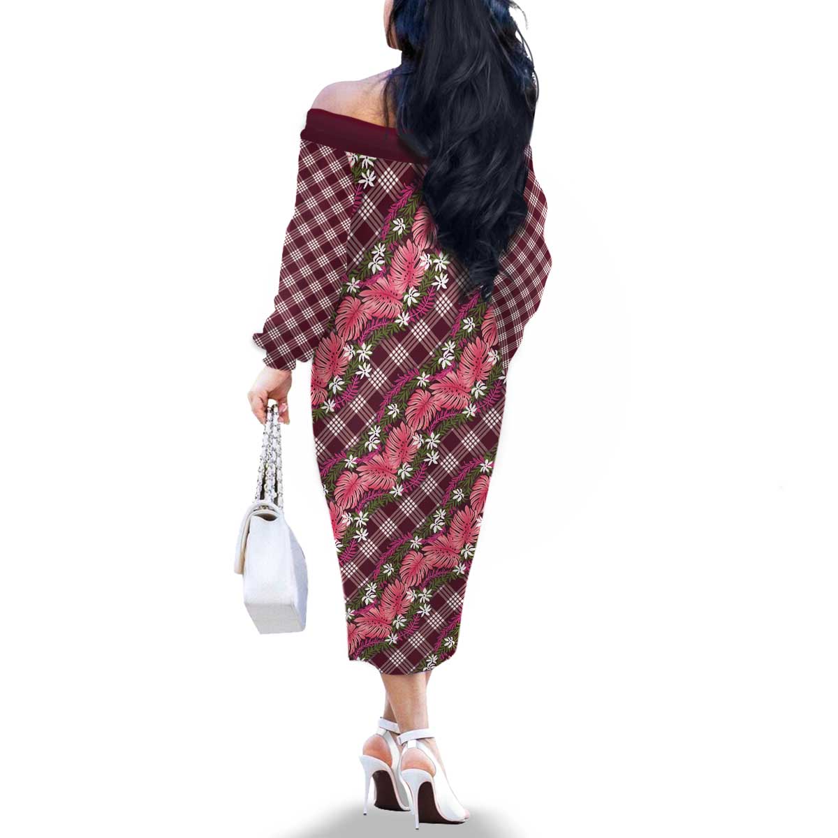 Polynesian Monstera Tiare Floral Family Matching Off The Shoulder Long Sleeve Dress and Hawaiian Shirt Fuchsia Tropical Plaid - Polynesian Pride