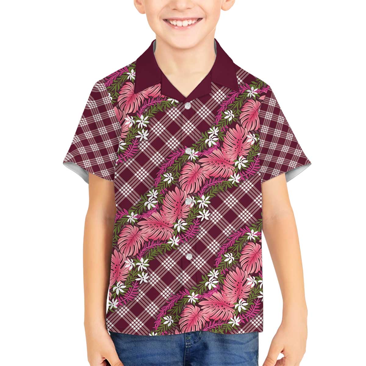 Polynesian Monstera Tiare Floral Family Matching Off The Shoulder Long Sleeve Dress and Hawaiian Shirt Fuchsia Tropical Plaid - Polynesian Pride