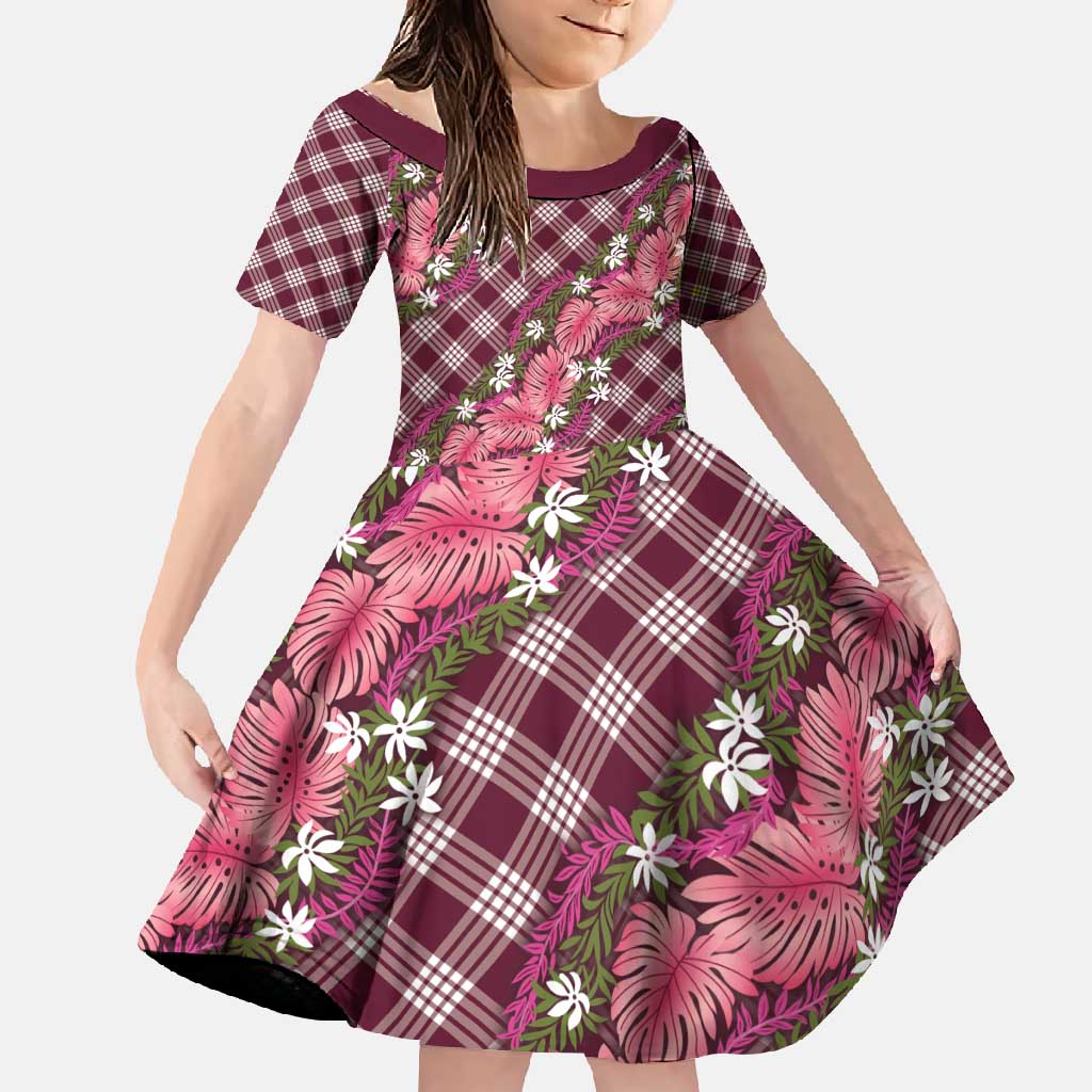 Polynesian Monstera Tiare Floral Family Matching Off Shoulder Maxi Dress and Hawaiian Shirt Fuchsia Tropical Plaid - Polynesian Pride