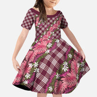 Polynesian Monstera Tiare Floral Family Matching Off Shoulder Maxi Dress and Hawaiian Shirt Fuchsia Tropical Plaid - Polynesian Pride