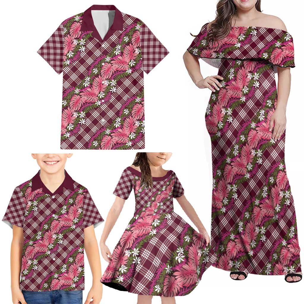 Polynesian Monstera Tiare Floral Family Matching Off Shoulder Maxi Dress and Hawaiian Shirt Fuchsia Tropical Plaid - Polynesian Pride