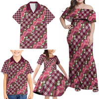 Polynesian Monstera Tiare Floral Family Matching Off Shoulder Maxi Dress and Hawaiian Shirt Fuchsia Tropical Plaid - Polynesian Pride