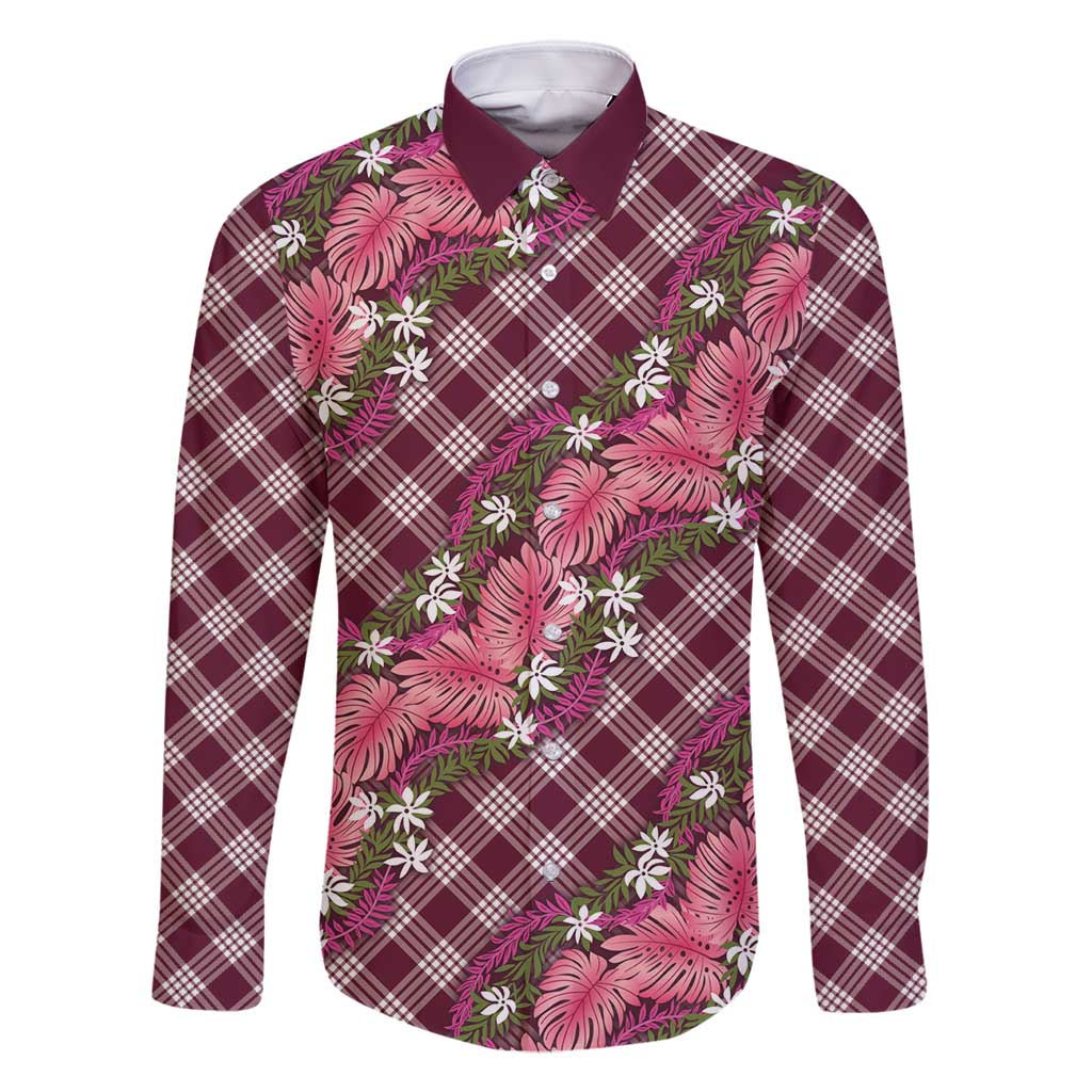 Polynesian Monstera Tiare Floral Family Matching Off Shoulder Maxi Dress and Hawaiian Shirt Fuchsia Tropical Plaid - Polynesian Pride