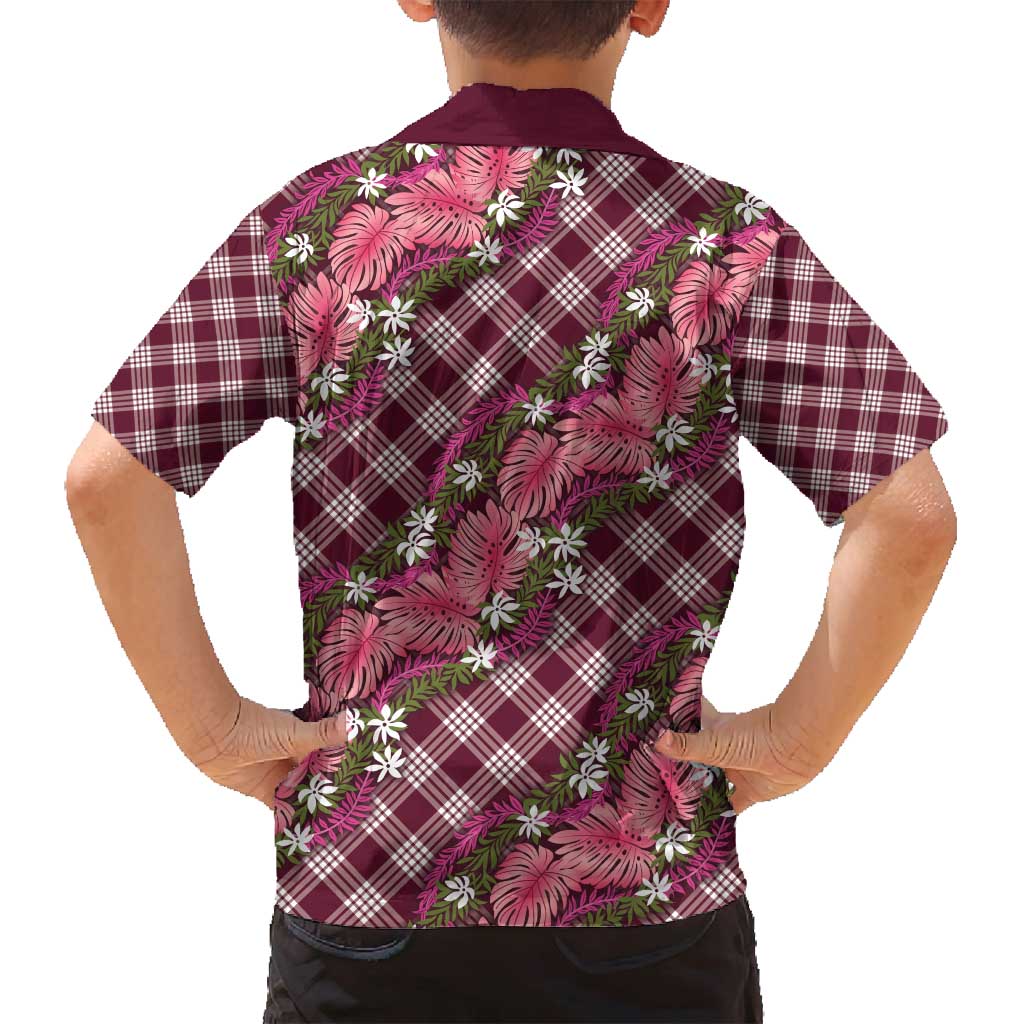 Polynesian Monstera Tiare Floral Family Matching Puletasi and Hawaiian Shirt Fuchsia Tropical Plaid - Polynesian Pride