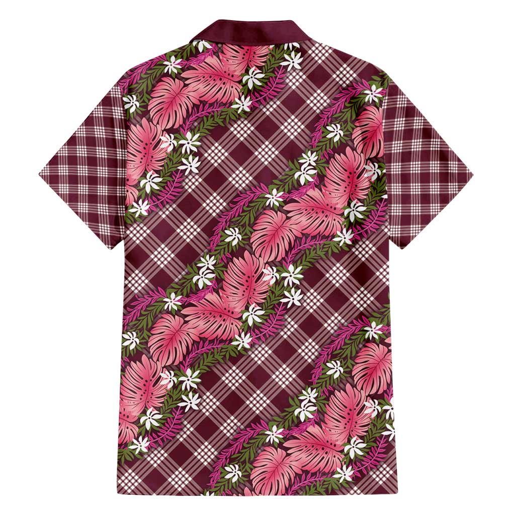 Polynesian Monstera Tiare Floral Family Matching Puletasi and Hawaiian Shirt Fuchsia Tropical Plaid - Polynesian Pride