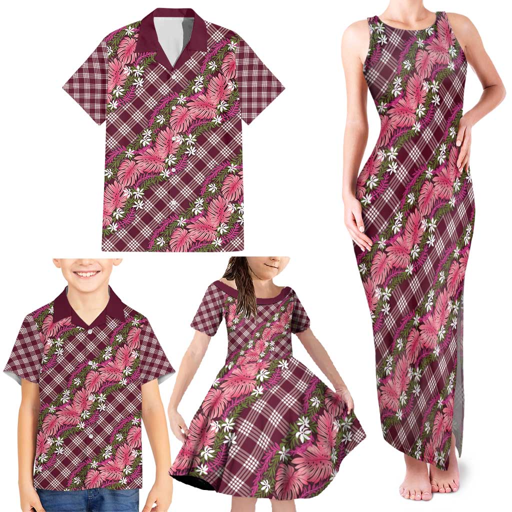 Polynesian Monstera Tiare Floral Family Matching Tank Maxi Dress and Hawaiian Shirt Fuchsia Tropical Plaid - Polynesian Pride