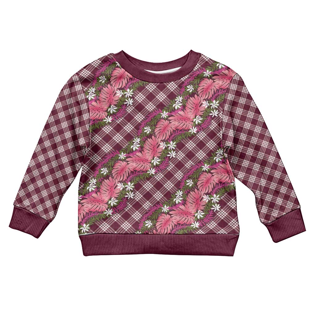 Polynesian Monstera Tiare Floral Kid Ugly Christmas Sweater Fuchsia Tropical Plaid - Polynesian Pride