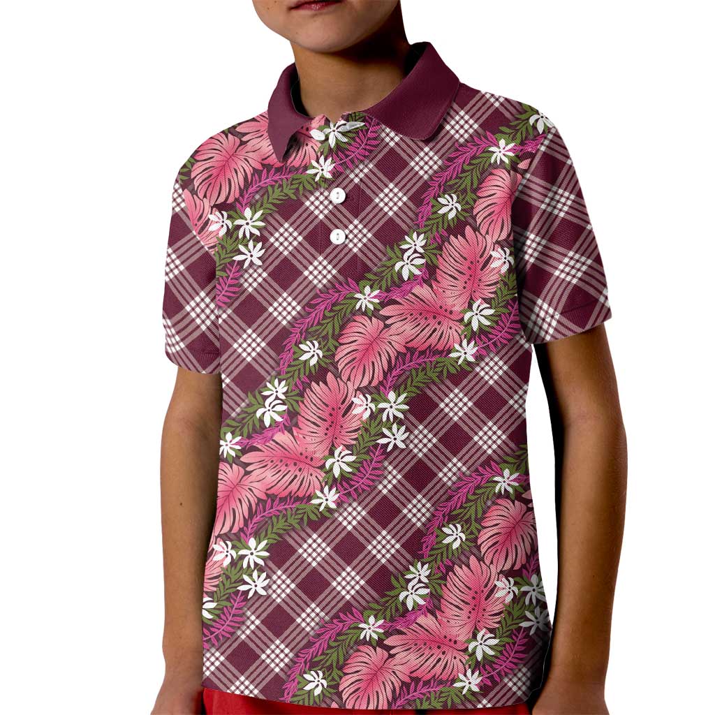 Polynesian Monstera Tiare Floral Kid Polo Shirt Fuchsia Tropical Plaid LT01 Kid Pink - Polynesian Pride