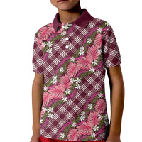 Polynesian Monstera Tiare Floral Kid Polo Shirt Fuchsia Tropical Plaid LT01 Kid Pink - Polynesian Pride