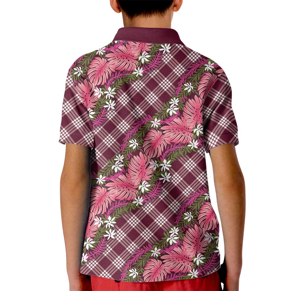 Polynesian Monstera Tiare Floral Kid Polo Shirt Fuchsia Tropical Plaid LT01 - Polynesian Pride