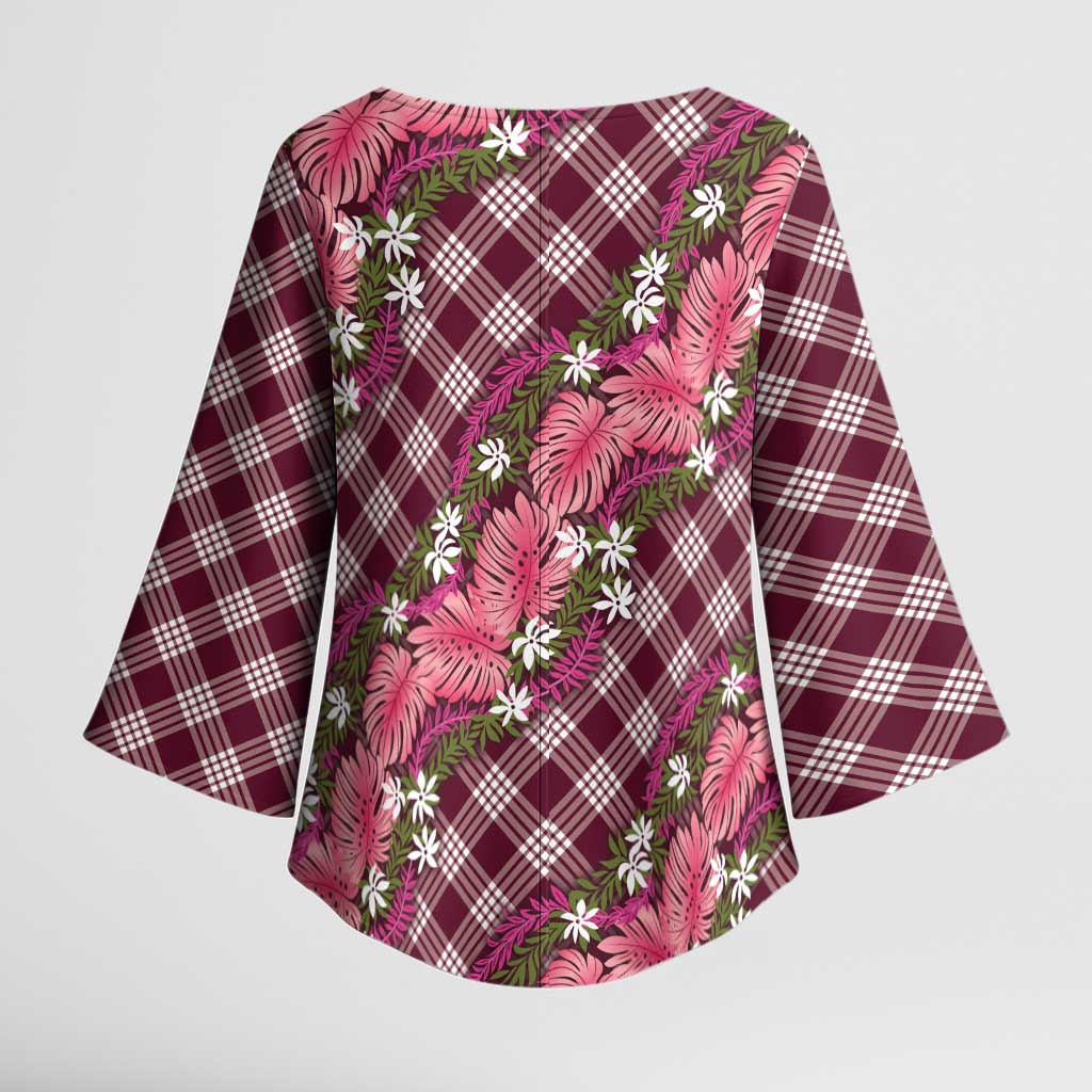 Polynesian Monstera Tiare Floral Kimono Sleeve Blouse Fuchsia Tropical Plaid - Polynesian Pride