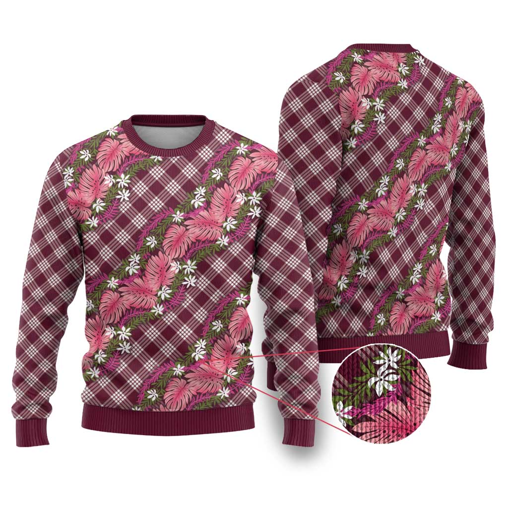 Polynesian Monstera Tiare Floral Ugly Christmas Sweater Fuchsia Tropical Plaid LT01 Pink - Polynesian Pride