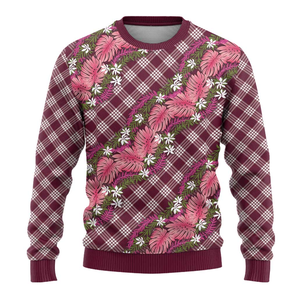Polynesian Monstera Tiare Floral Ugly Christmas Sweater Fuchsia Tropical Plaid LT01 - Polynesian Pride
