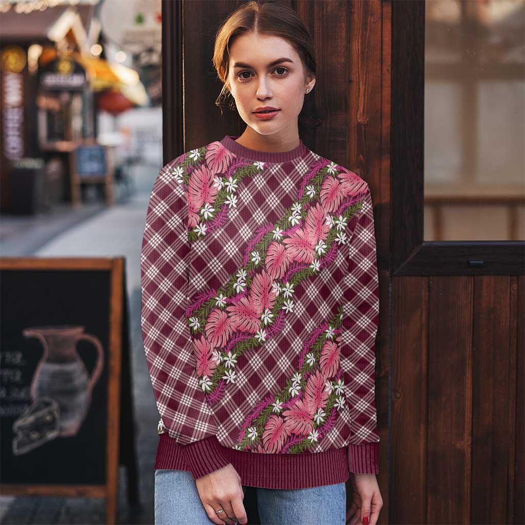 Polynesian Monstera Tiare Floral Ugly Christmas Sweater Fuchsia Tropical Plaid LT01 - Polynesian Pride