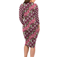 Polynesian Monstera Tiare Floral Long Sleeve Bodycon Dress Fuchsia Tropical Plaid LT01 - Polynesian Pride