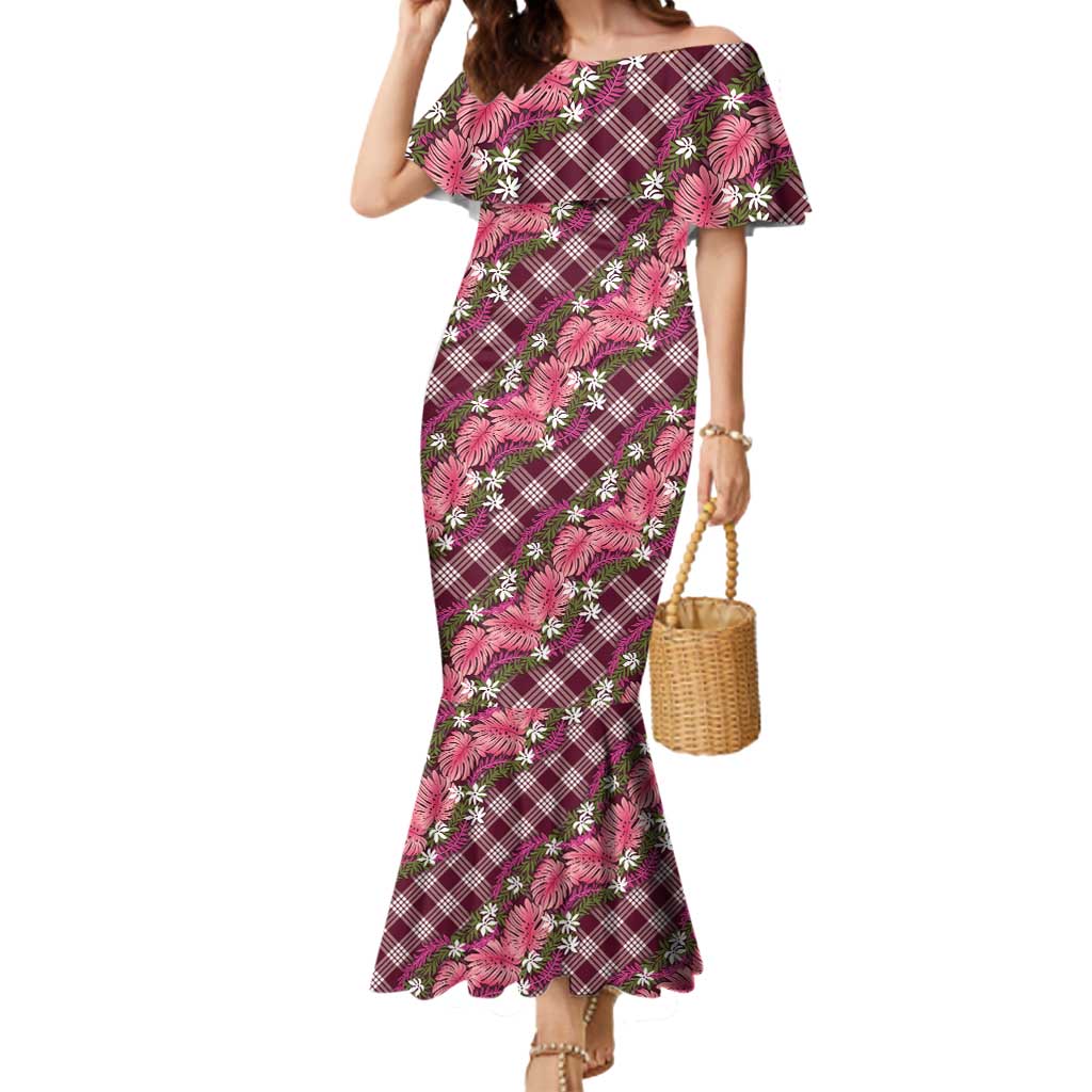 Polynesian Monstera Tiare Floral Mermaid Dress Fuchsia Tropical Plaid - Polynesian Pride